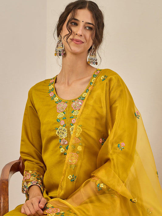 Ishita Women's Embroidered Viscose Roman Silk Kurta Pant Set with Organza Dupatta Elegant Lightweight Ethnic Wear - FitVibe Fashion