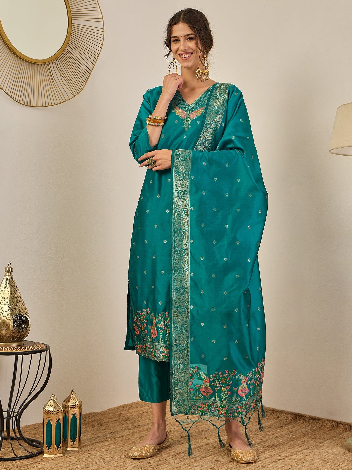 Gulnaar Cotton Silk Kurta Set with Banarasi Minakari Dupatta Zari Work Ready to Wear Elegance - FitVibe Fashion