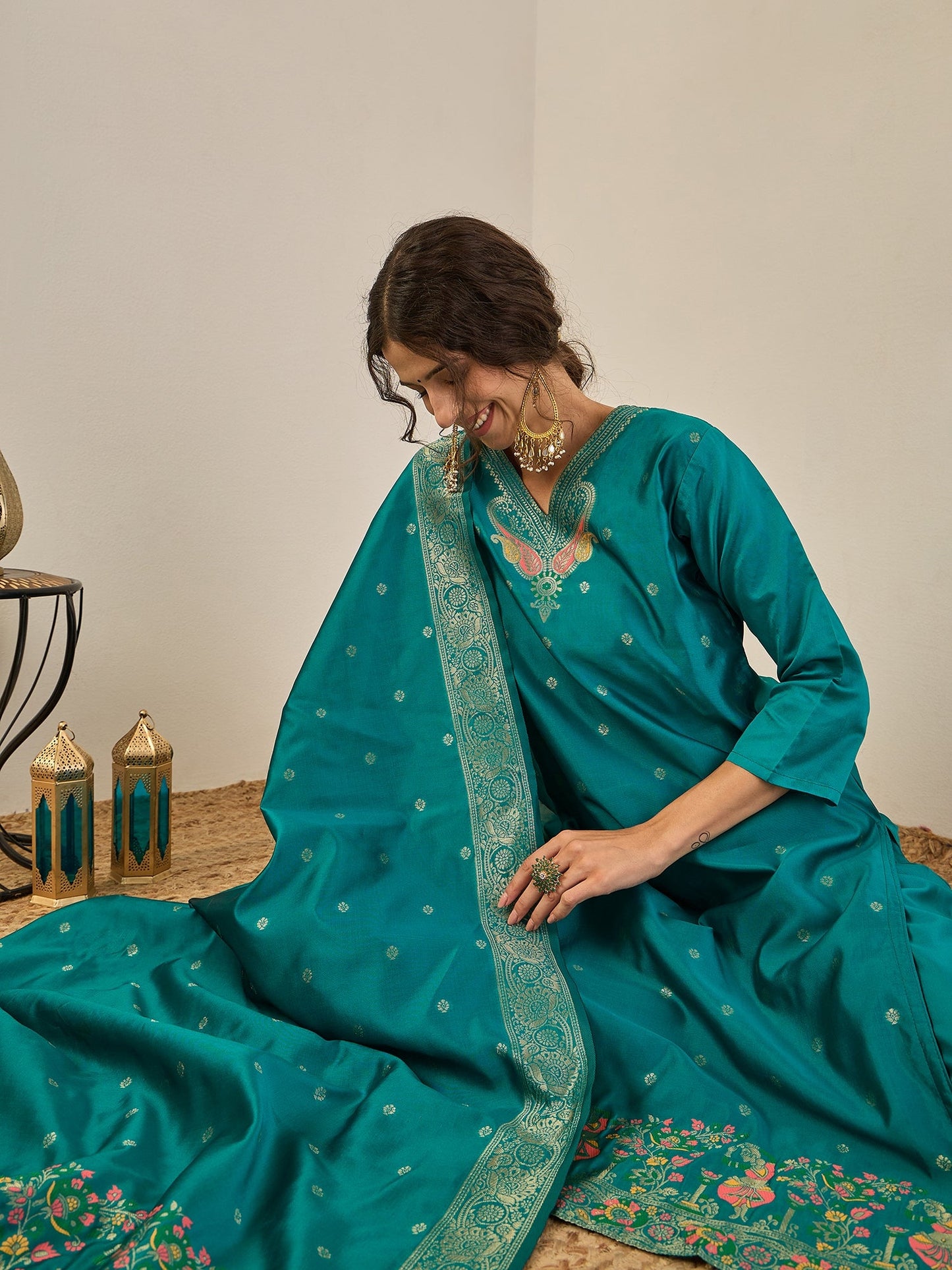 Gulnaar Cotton Silk Kurta Set with Banarasi Minakari Dupatta Zari Work Ready to Wear Elegance - FitVibe Fashion