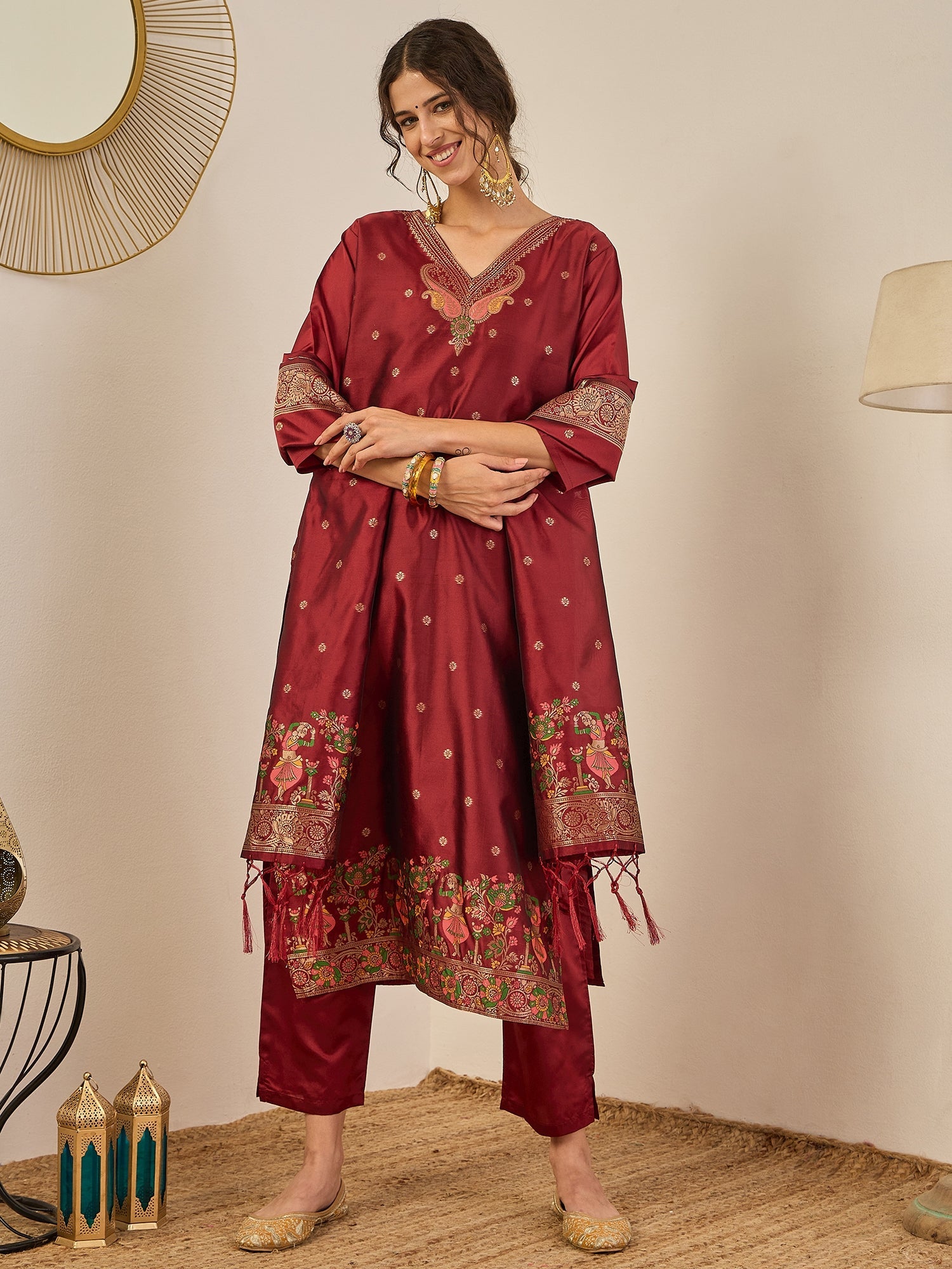 Gulnaar Cotton Silk Kurta Set with Banarasi Minakari Dupatta Zari Work Ready to Wear Elegance - FitVibe Fashion