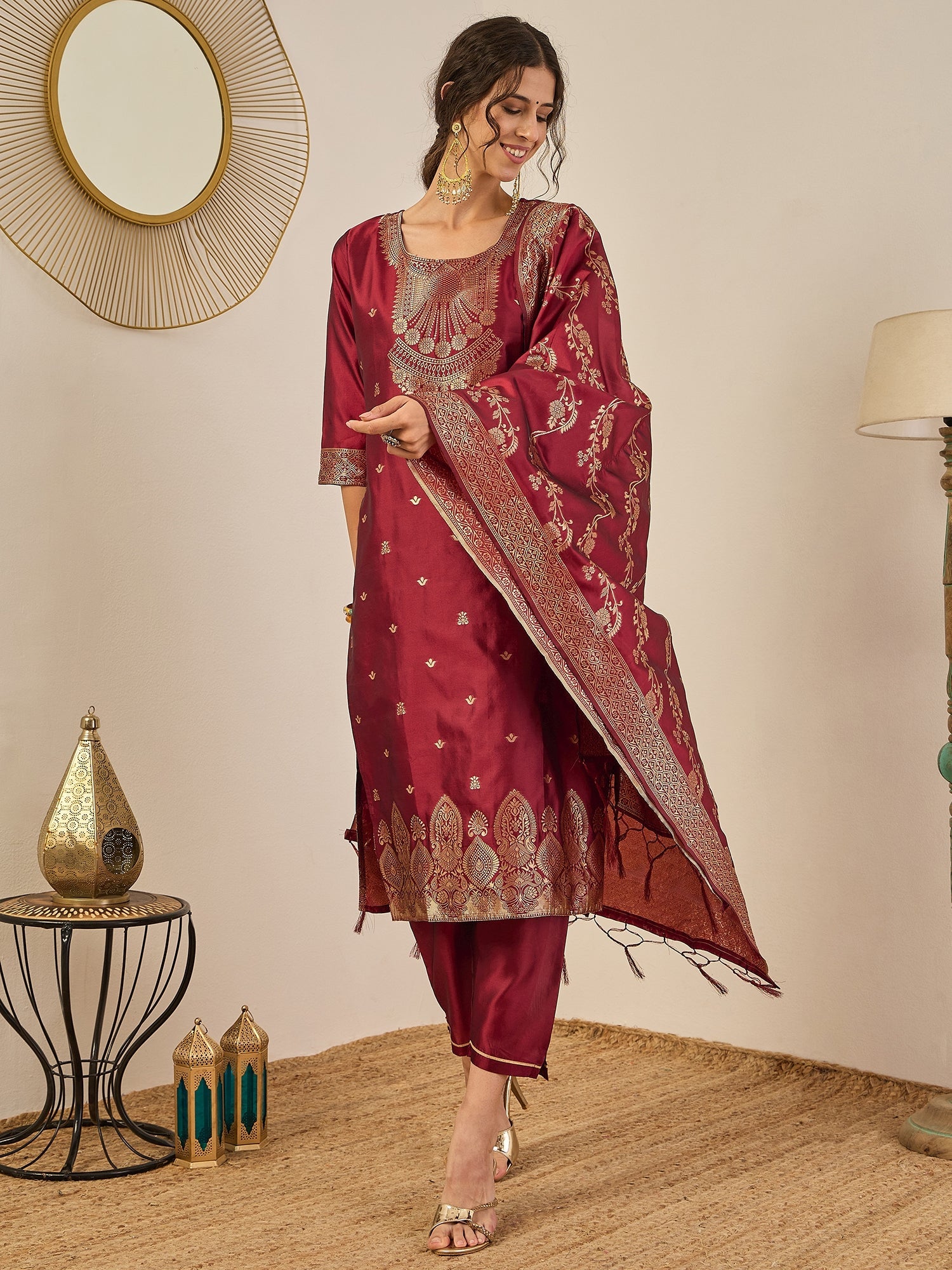 Malika Premium Kurta Set with Bottom and Dupatta Zari Work Comfortable Stylish - FitVibe Fashion