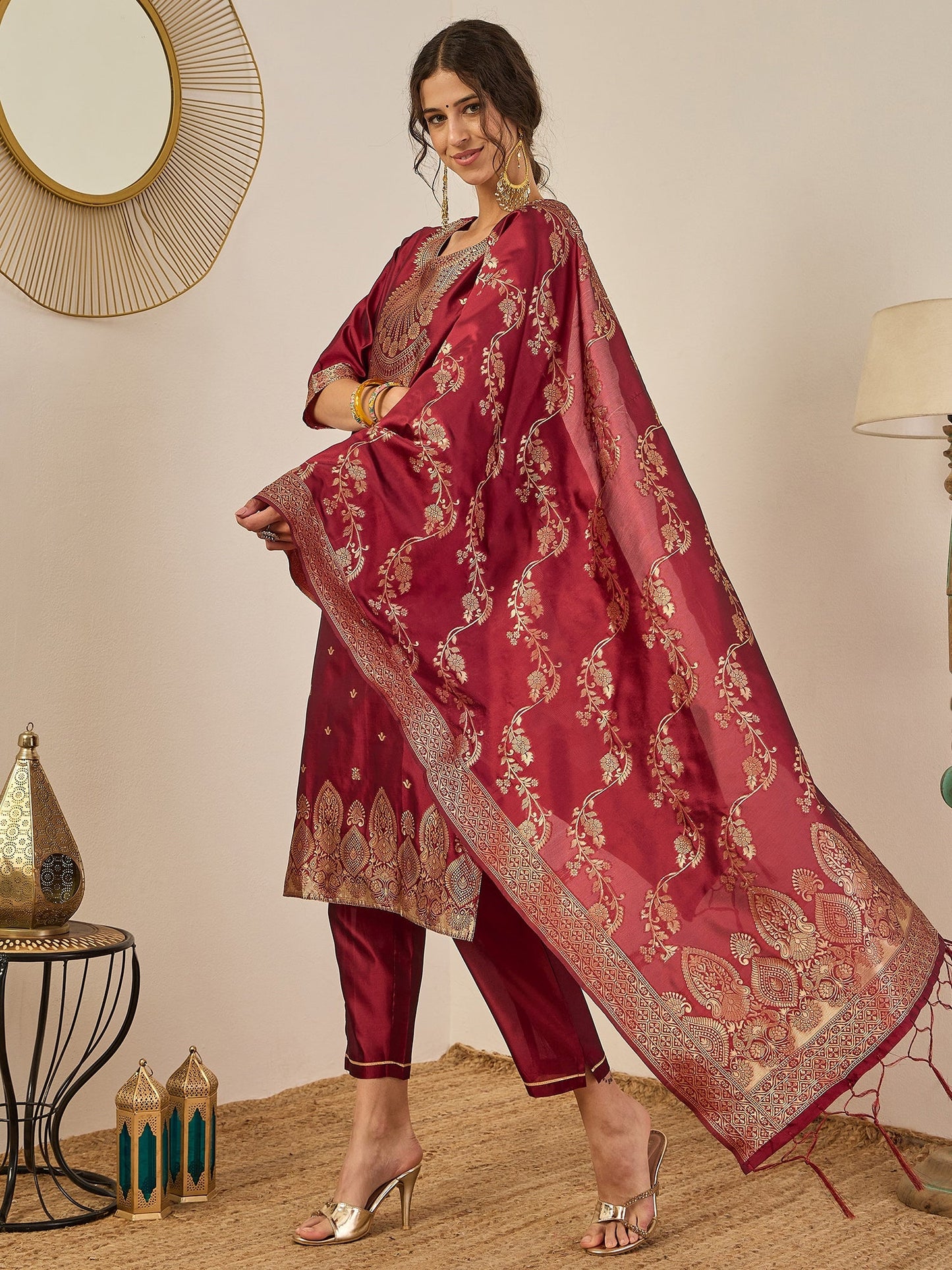 Malika Premium Kurta Set with Bottom and Dupatta Zari Work Comfortable Stylish - FitVibe Fashion