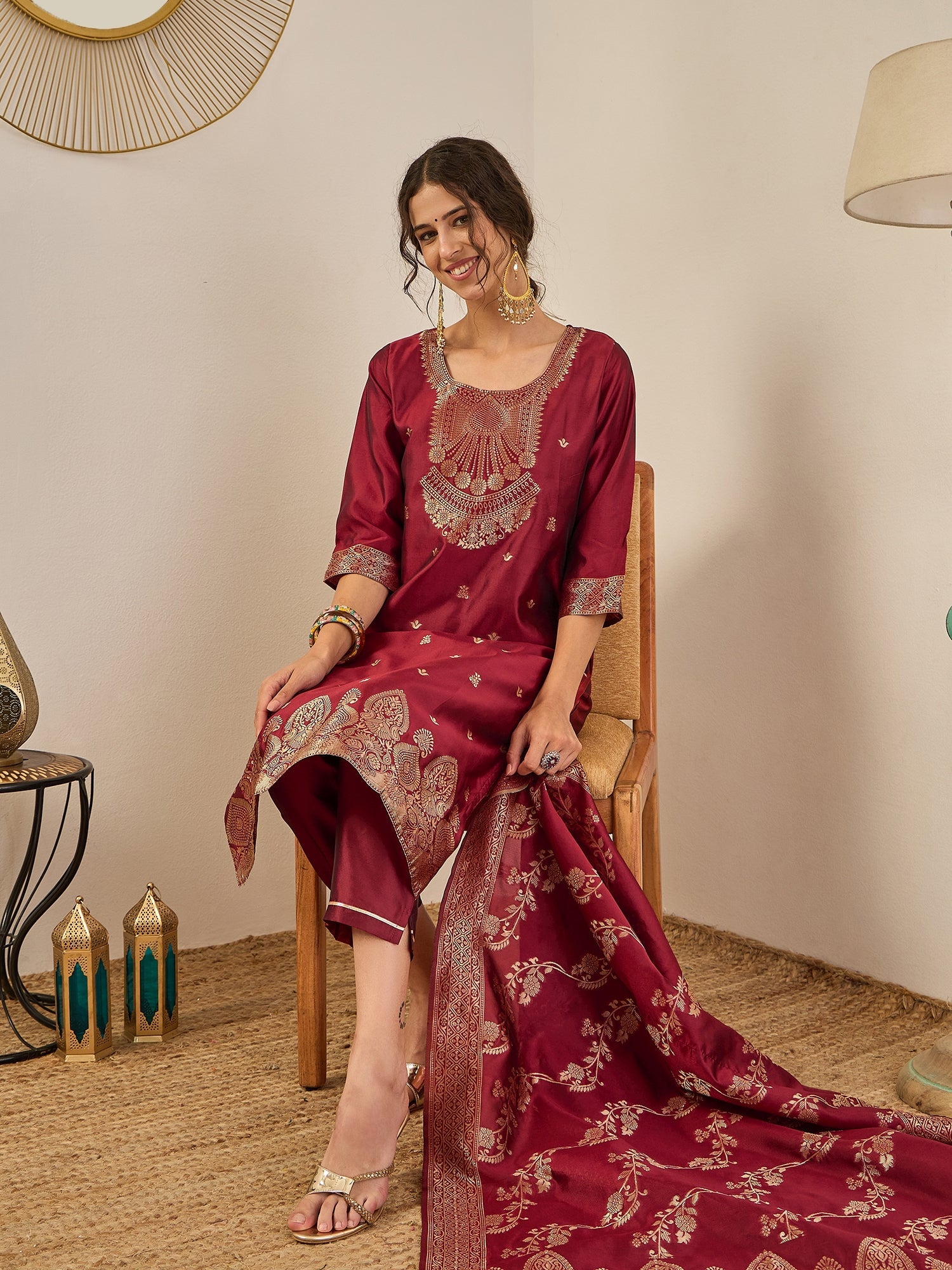 Malika Premium Kurta Set with Bottom and Dupatta Zari Work Comfortable Stylish - FitVibe Fashion