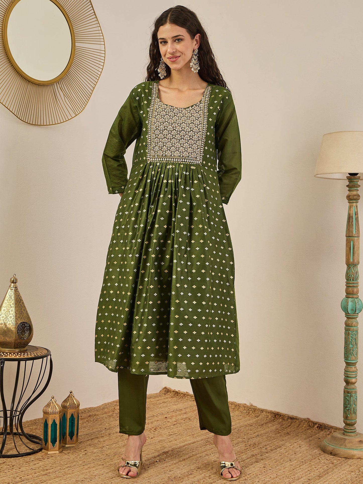 Phool Embroidered Chanderi Mehndi Suit Set with Dupatta Ethnic Sets - FitVibe Fashion