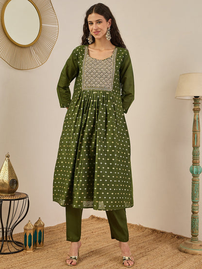 Phool Embroidered Chanderi Mehndi Suit Set with Dupatta Ethnic Sets - FitVibe Fashion