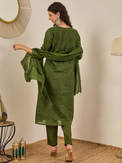 Phool Embroidered Chanderi Mehndi Suit Set with Dupatta Ethnic Sets - FitVibe Fashion