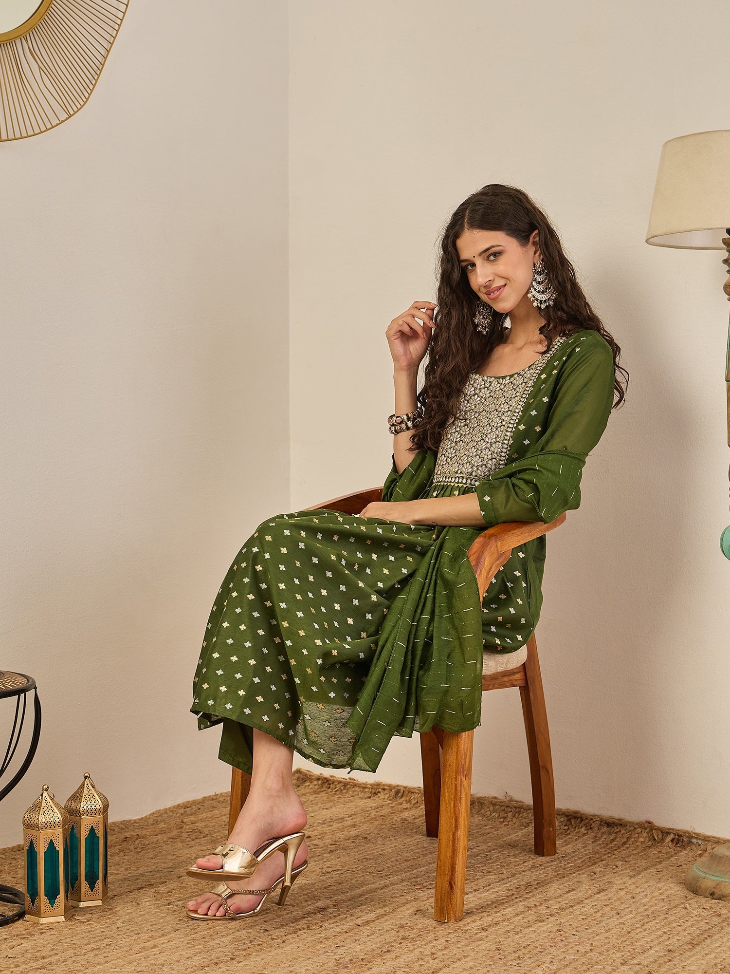 Phool Embroidered Chanderi Mehndi Suit Set with Dupatta Ethnic Sets - FitVibe Fashion