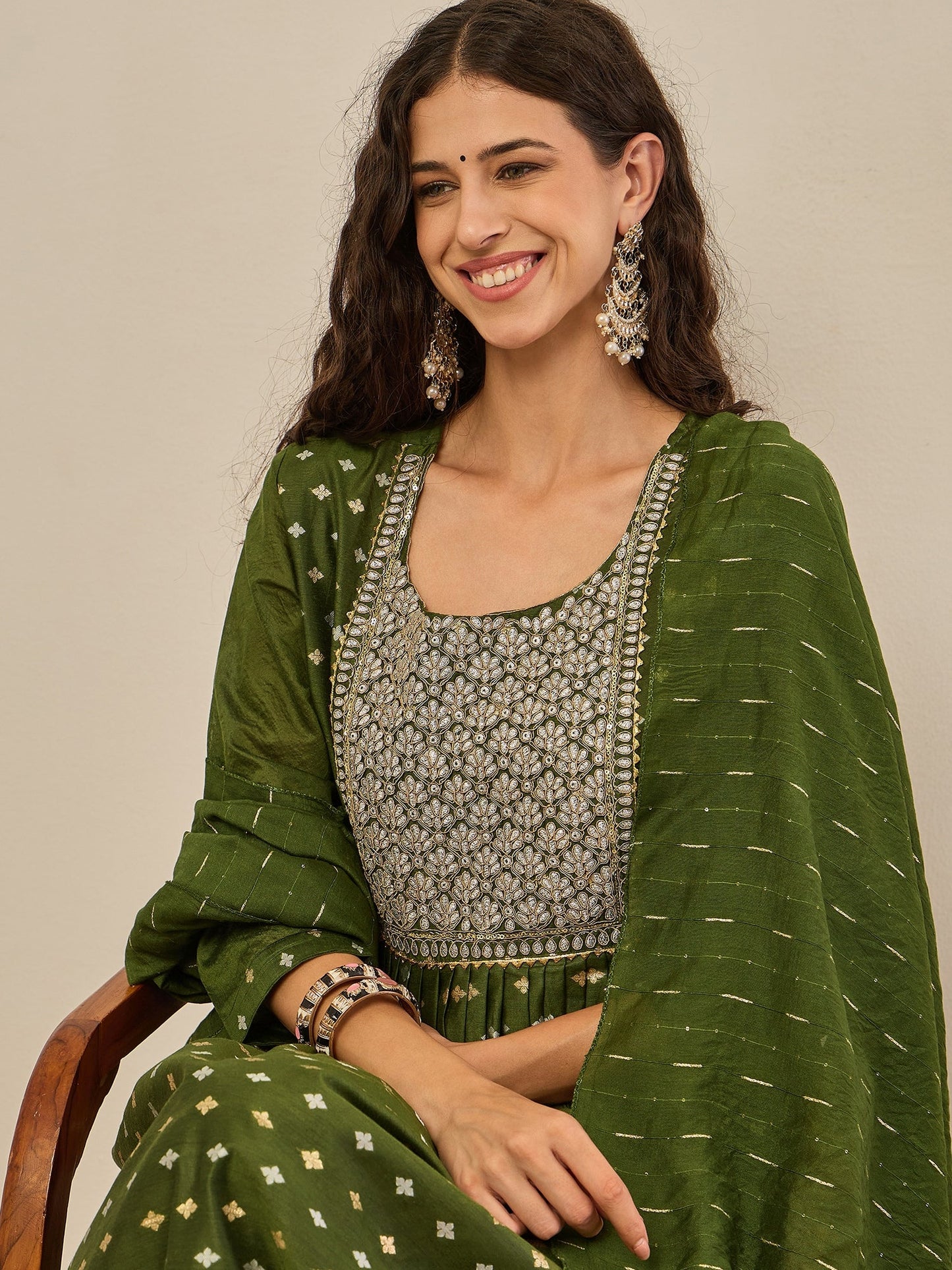 Phool Embroidered Chanderi Mehndi Suit Set with Dupatta Ethnic Sets - FitVibe Fashion