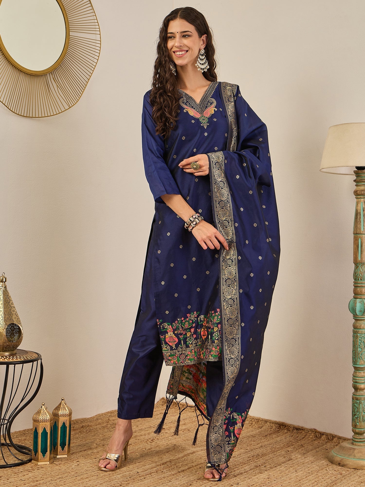 Gulnaar Cotton Silk Kurta Set with Banarasi Minakari Dupatta Zari Work Ready to Wear Elegance - FitVibe Fashion