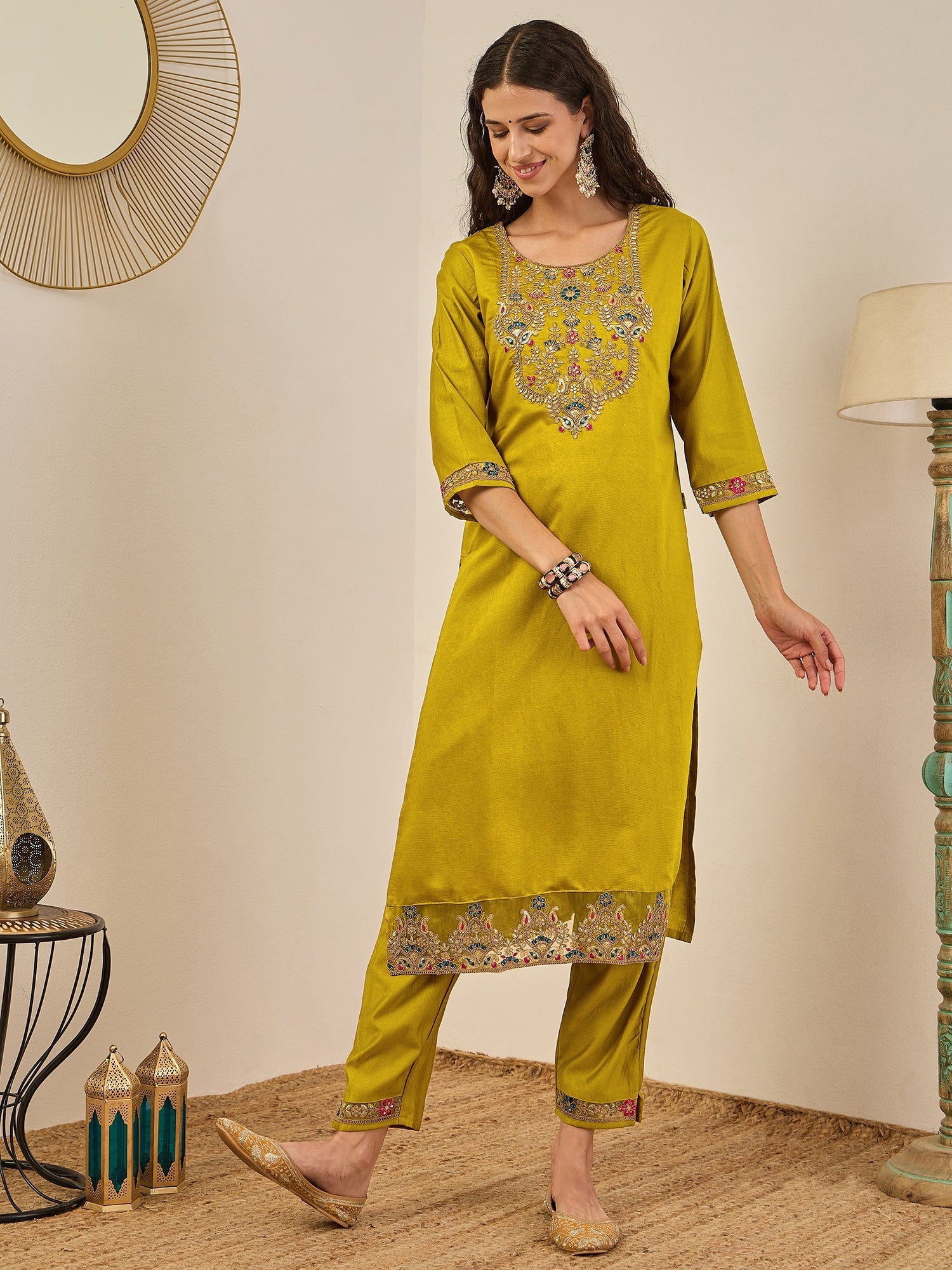 Vedhika Elegant Embroidered Kurta Set for Women Viscose Rayon Kurta with Pant and Banarasi Silk Dupatta - FitVibe Fashion