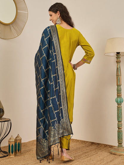 Vedhika Elegant Embroidered Kurta Set for Women Viscose Rayon Kurta with Pant and Banarasi Silk Dupatta - FitVibe Fashion