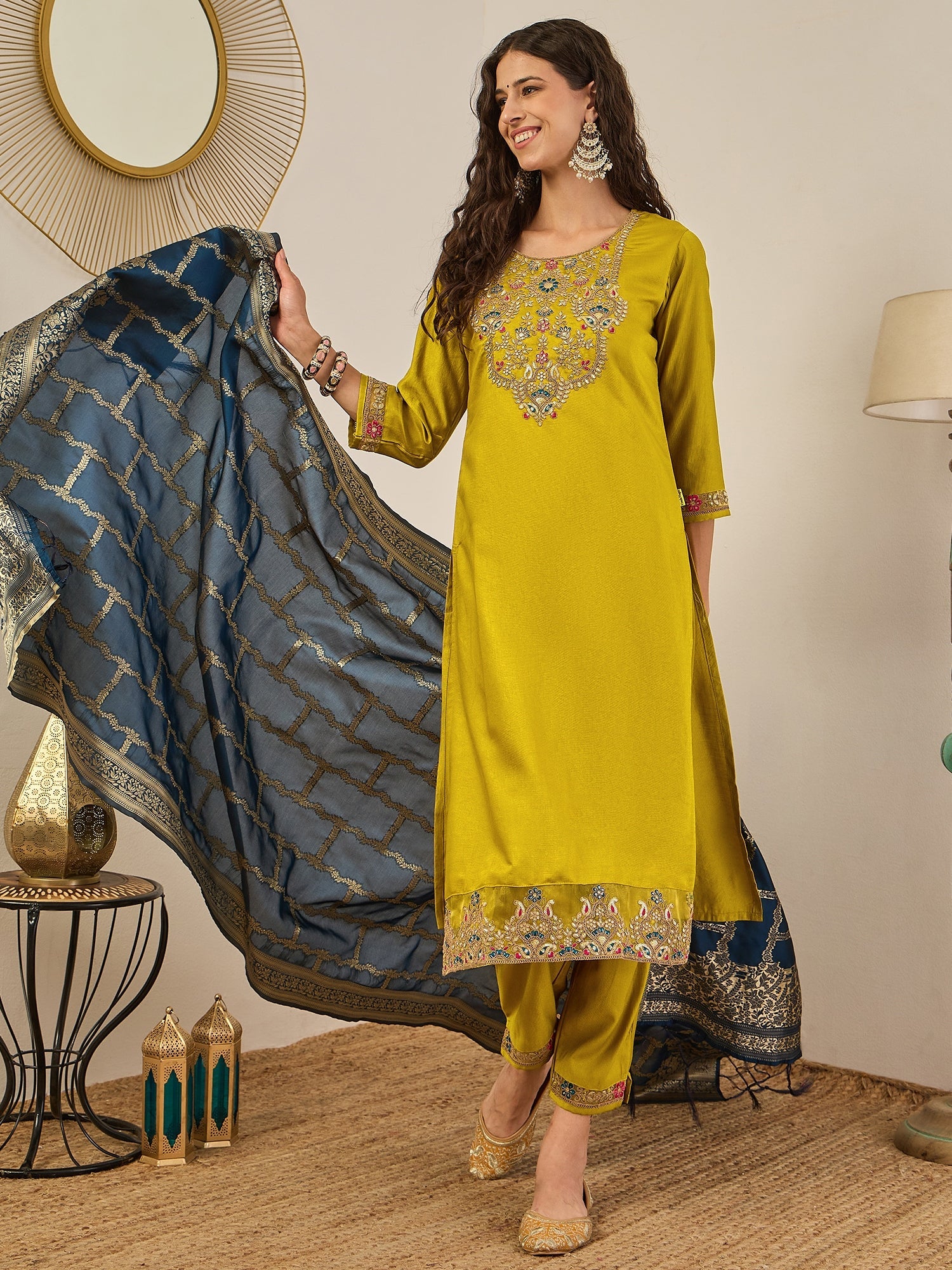 Vedhika Elegant Embroidered Kurta Set for Women Viscose Rayon Kurta with Pant and Banarasi Silk Dupatta - FitVibe Fashion