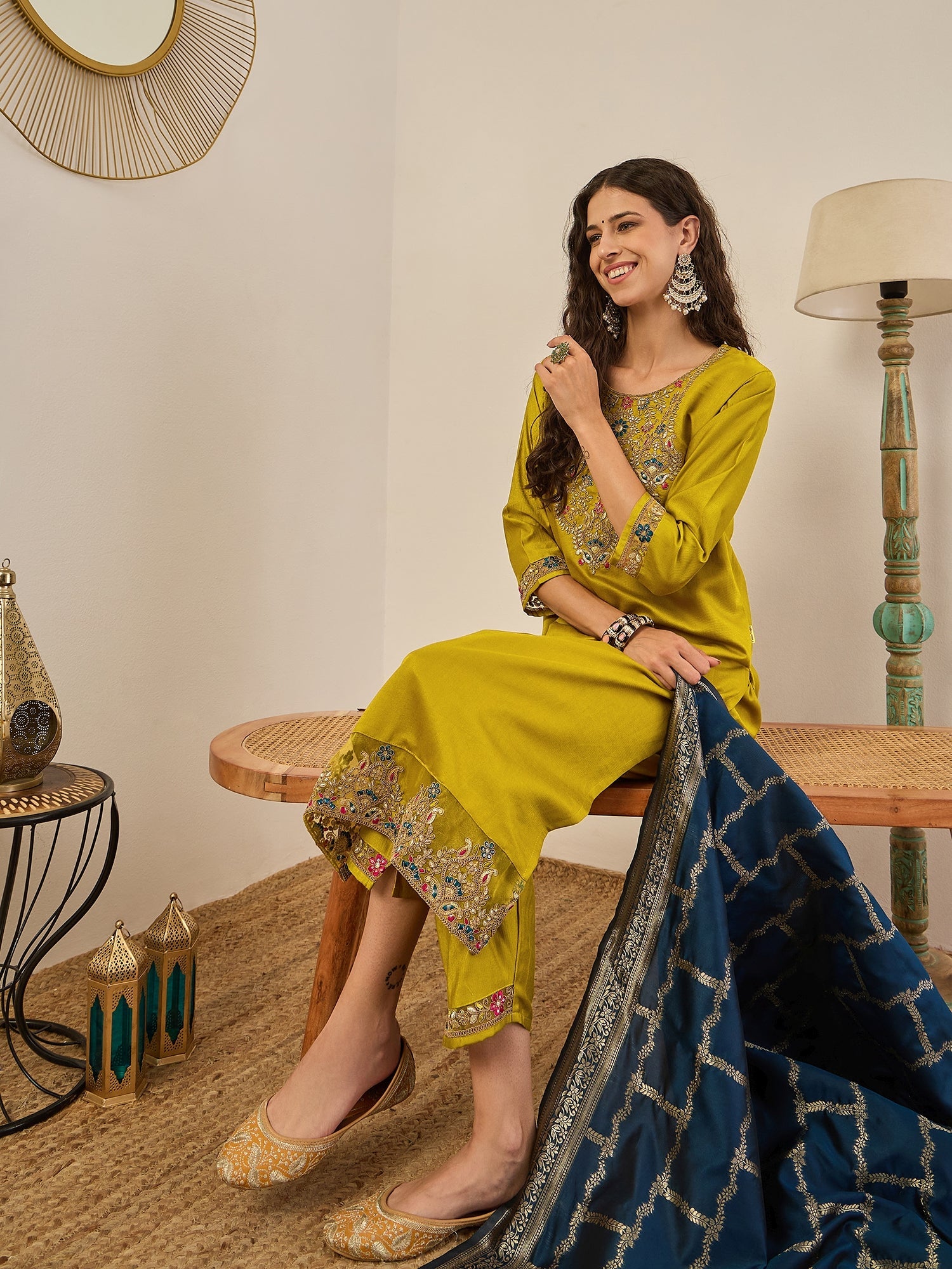 Vedhika Elegant Embroidered Kurta Set for Women Viscose Rayon Kurta with Pant and Banarasi Silk Dupatta - FitVibe Fashion