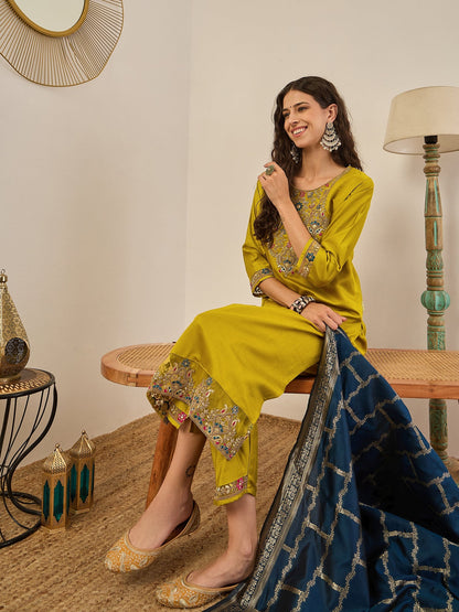 Vedhika Elegant Embroidered Kurta Set for Women Viscose Rayon Kurta with Pant and Banarasi Silk Dupatta - FitVibe Fashion