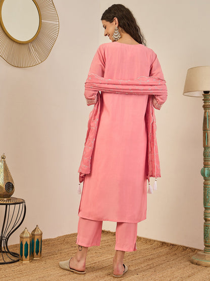 Swarnika Elegant Silk Blend Kurta Set with Chanderi Dupatta Ready to Wear Embroidered Party Wear Outfit - FitVibe Fashion