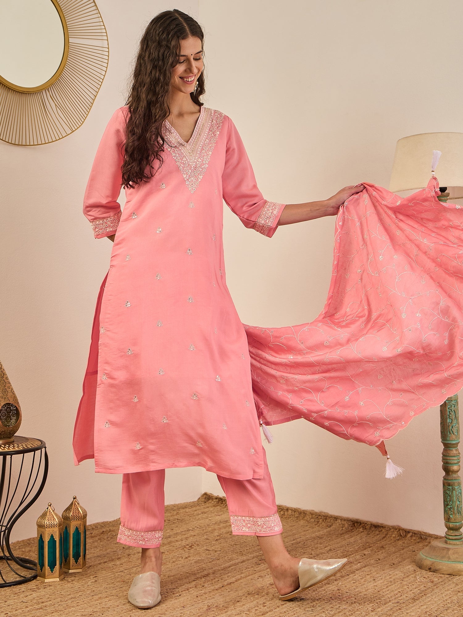 Swarnika Elegant Silk Blend Kurta Set with Chanderi Dupatta Ready to Wear Embroidered Party Wear Outfit - FitVibe Fashion