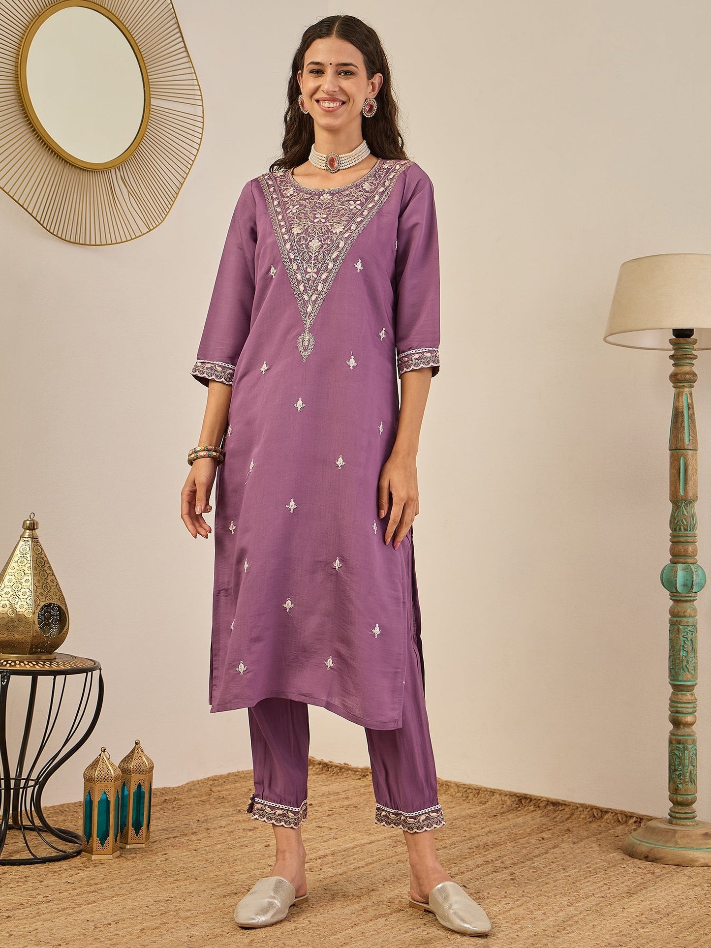 Rahi Mauve Embroidered Silk Blend Straight Suit With Orangza Dupatta Ready to Wear Ethnic Outfit - FitVibe Fashion