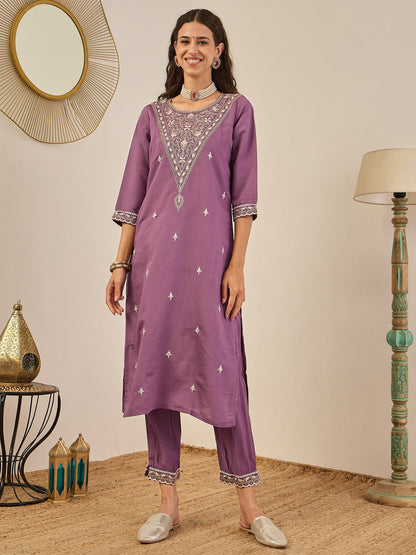 Rahi Mauve Embroidered Silk Blend Straight Suit With Orangza Dupatta Ready to Wear Ethnic Outfit - FitVibe Fashion