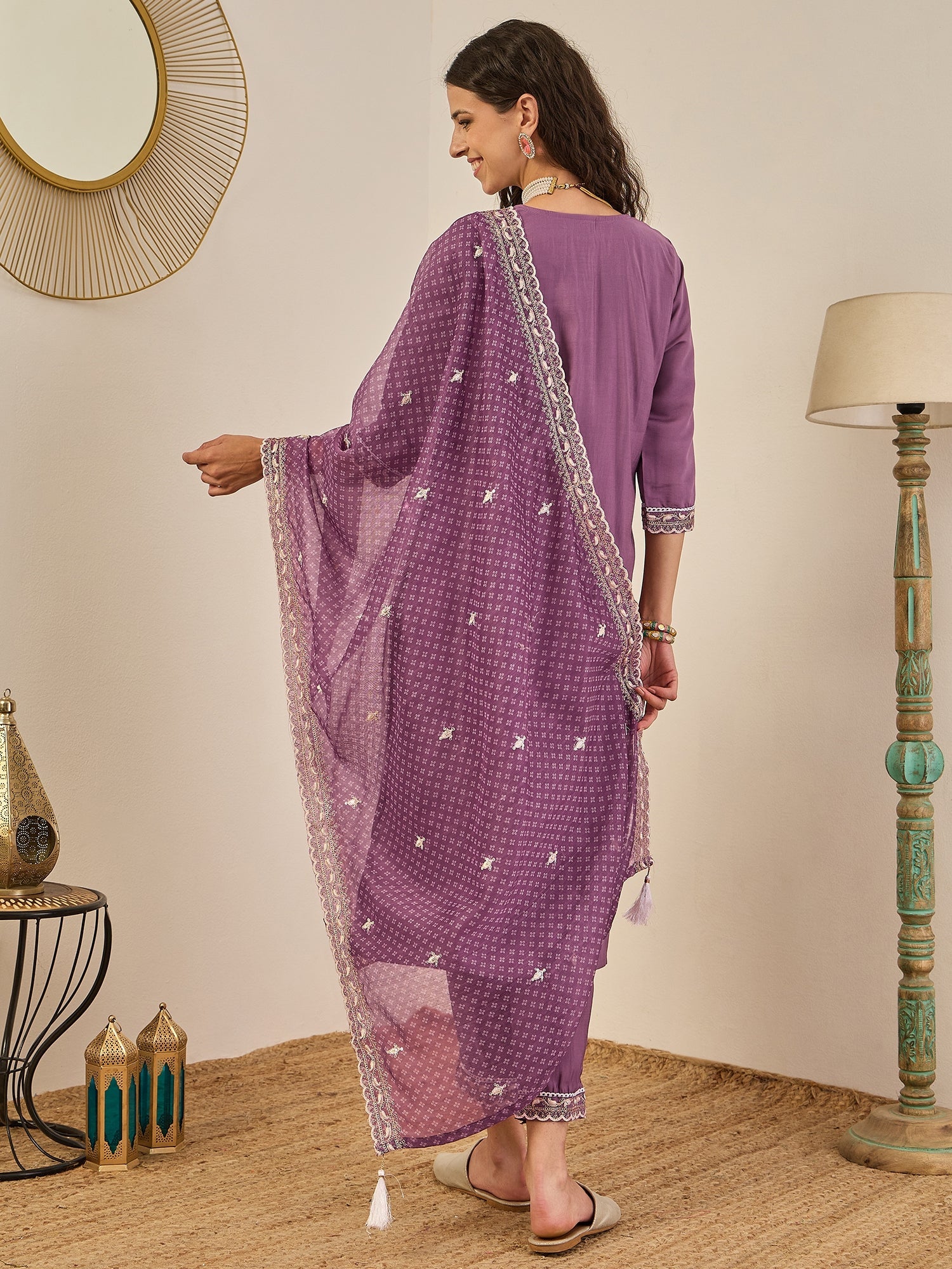Rahi Mauve Embroidered Silk Blend Straight Suit With Orangza Dupatta Ready to Wear Ethnic Outfit - FitVibe Fashion