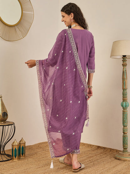 Rahi Mauve Embroidered Silk Blend Straight Suit With Orangza Dupatta Ready to Wear Ethnic Outfit - FitVibe Fashion