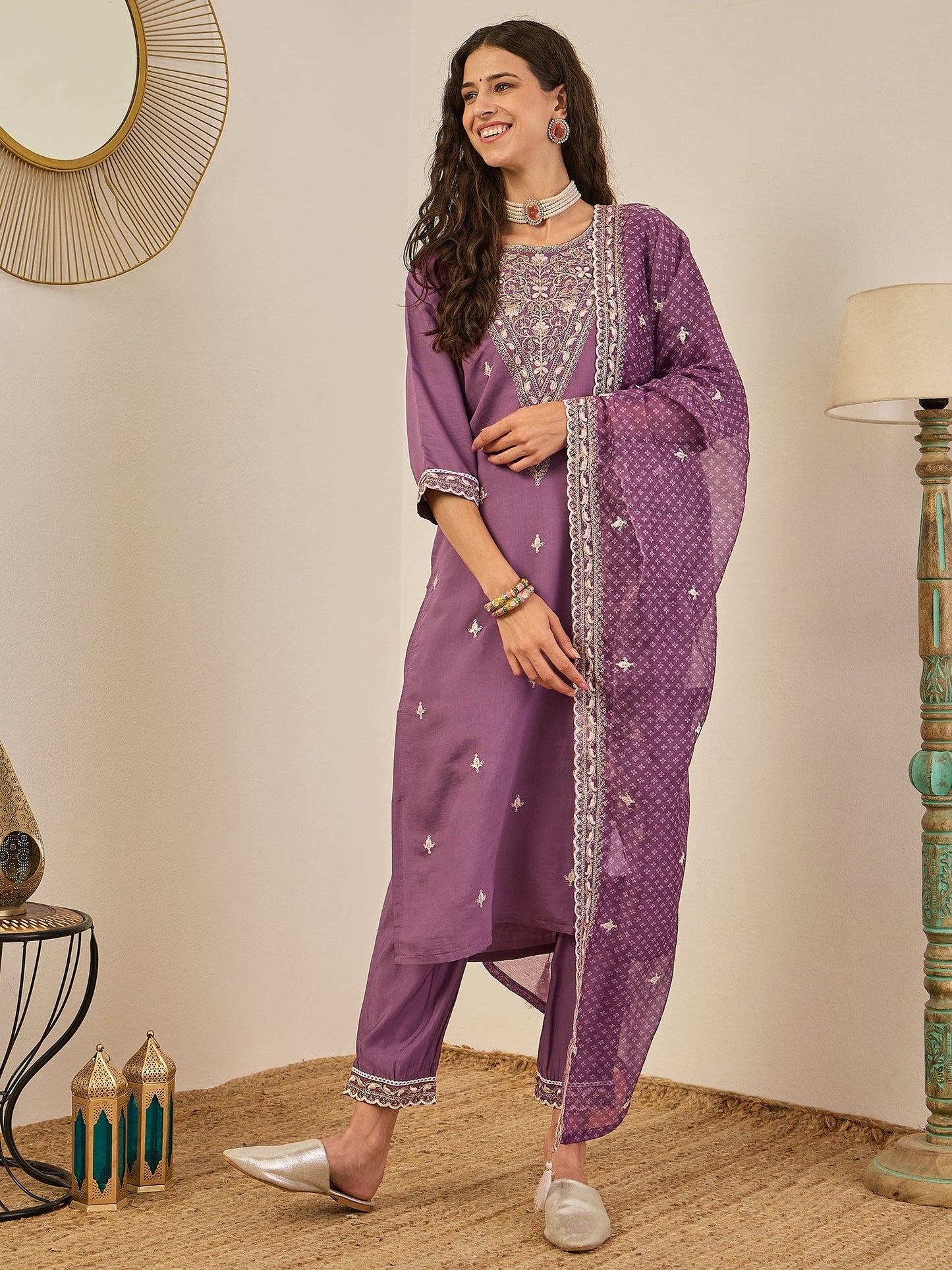Rahi Mauve Embroidered Silk Blend Straight Suit With Orangza Dupatta Ready to Wear Ethnic Outfit - FitVibe Fashion