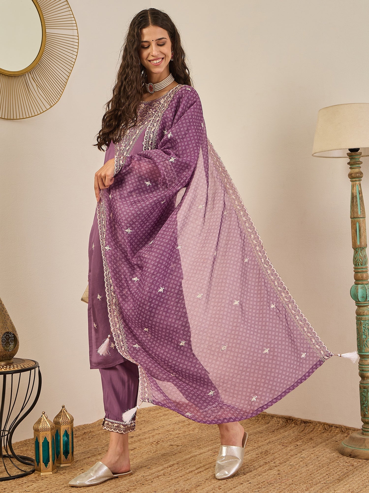 Rahi Mauve Embroidered Silk Blend Straight Suit With Orangza Dupatta Ready to Wear Ethnic Outfit - FitVibe Fashion