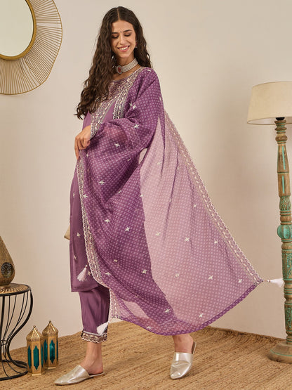Rahi Mauve Embroidered Silk Blend Straight Suit With Orangza Dupatta Ready to Wear Ethnic Outfit - FitVibe Fashion