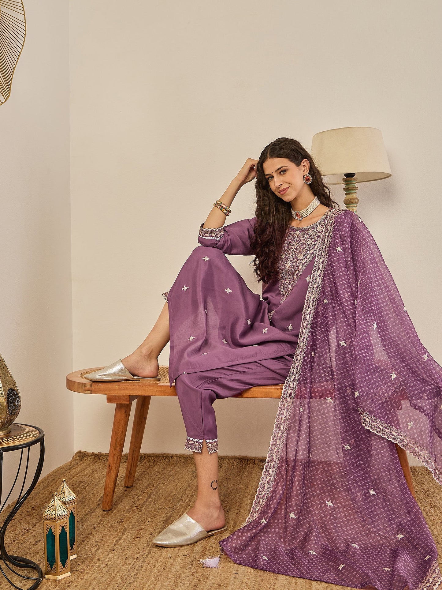 Rahi Mauve Embroidered Silk Blend Straight Suit With Orangza Dupatta Ready to Wear Ethnic Outfit - FitVibe Fashion