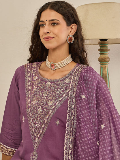 Rahi Mauve Embroidered Silk Blend Straight Suit With Orangza Dupatta Ready to Wear Ethnic Outfit - FitVibe Fashion