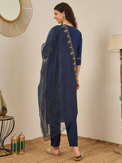 Mahima Teal Embroidered Viscose Blend Straight Suit With Dupatta - FitVibe Fashion