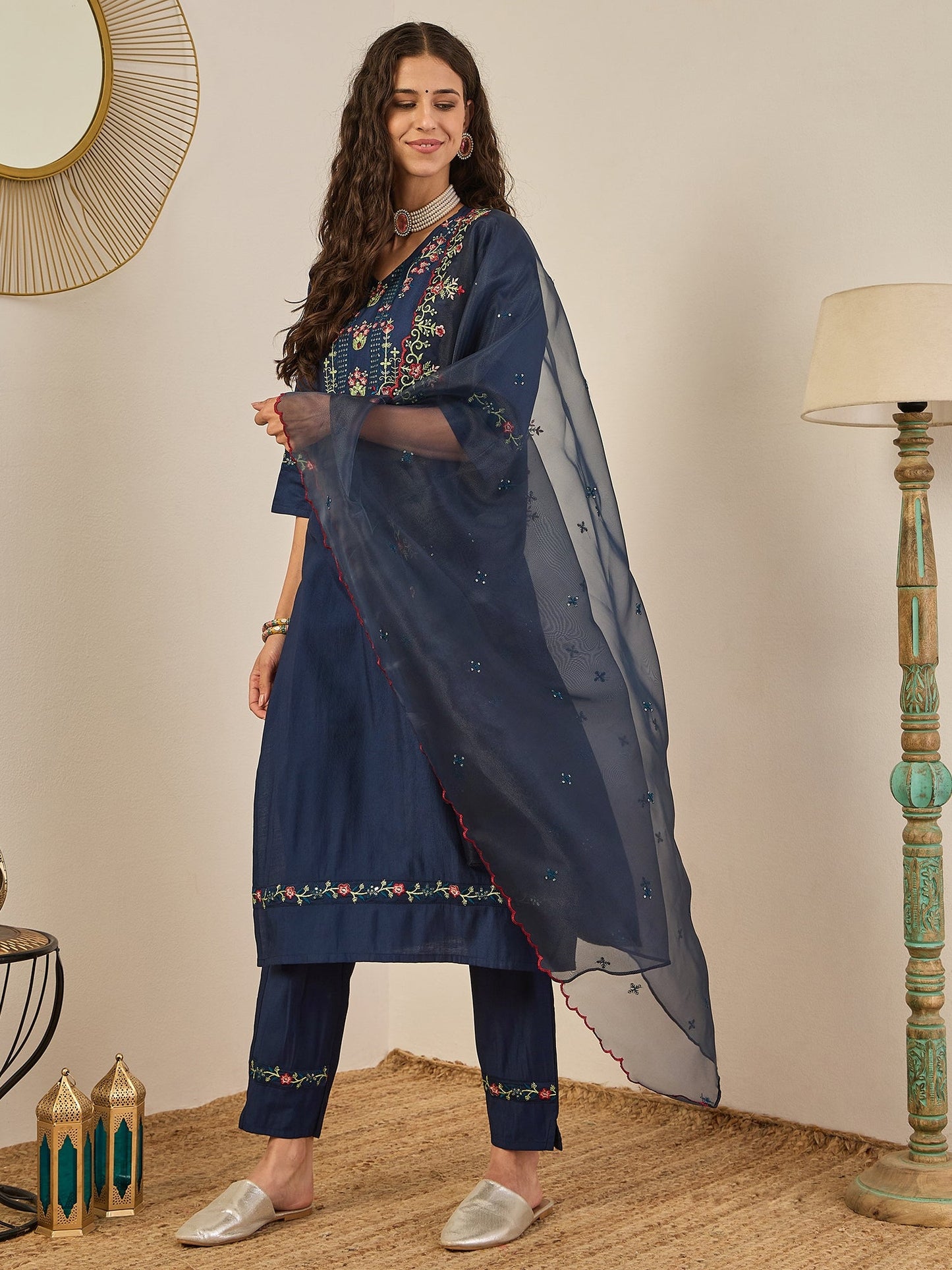 Mahima Teal Embroidered Viscose Blend Straight Suit With Dupatta - FitVibe Fashion