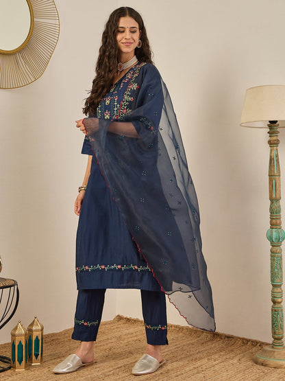 Mahima Teal Embroidered Viscose Blend Straight Suit With Dupatta - FitVibe Fashion