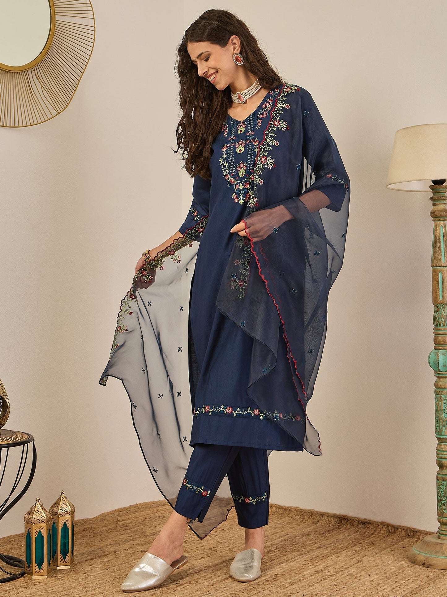 Mahima Teal Embroidered Viscose Blend Straight Suit With Dupatta - FitVibe Fashion