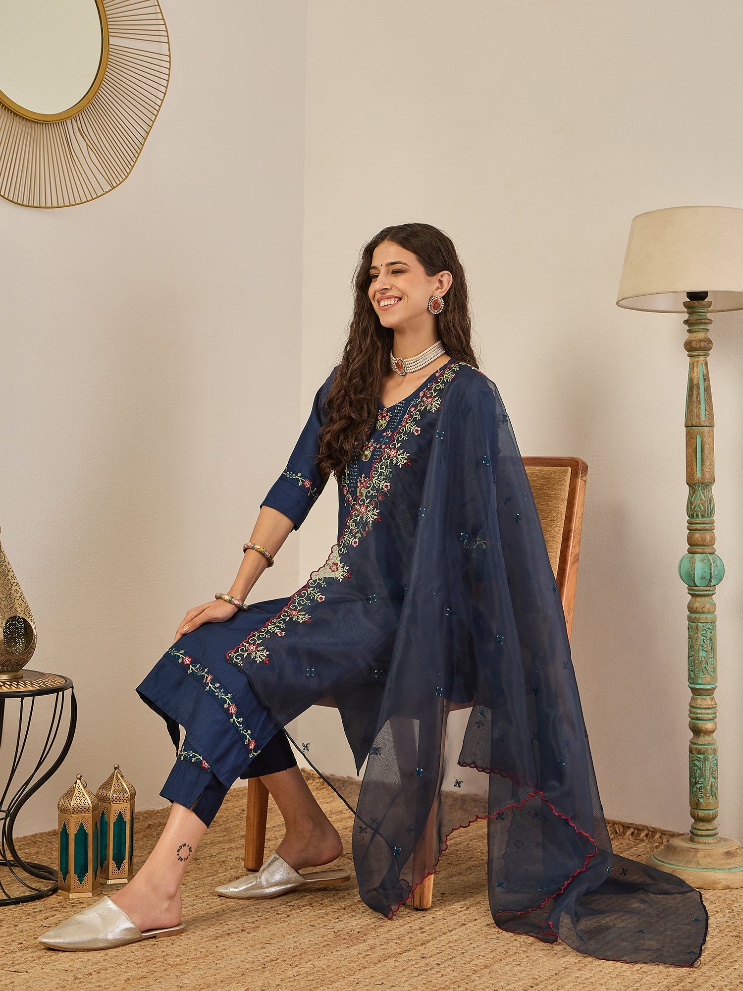 Mahima Teal Embroidered Viscose Blend Straight Suit With Dupatta - FitVibe Fashion