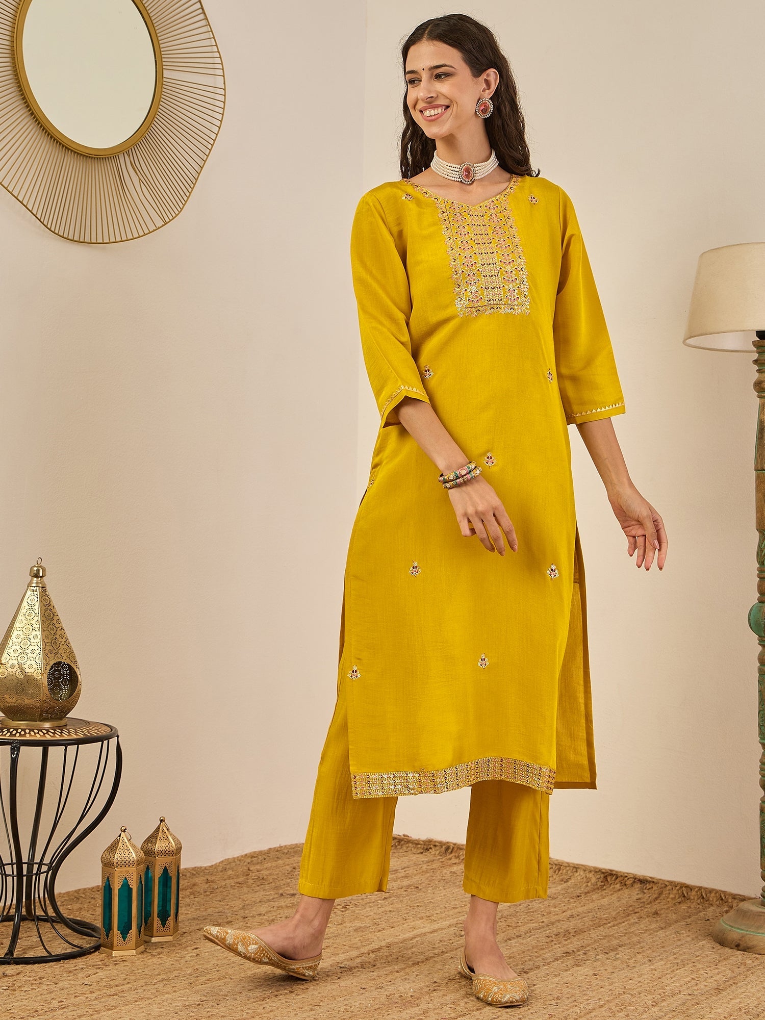 Vedhika Women's Embroidered Silk Blend Calf Length Straight Kurta Trouser with Dupatta Set - FitVibe Fashion