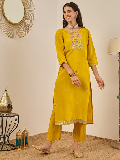 Vedhika Women's Embroidered Silk Blend Calf Length Straight Kurta Trouser with Dupatta Set - FitVibe Fashion