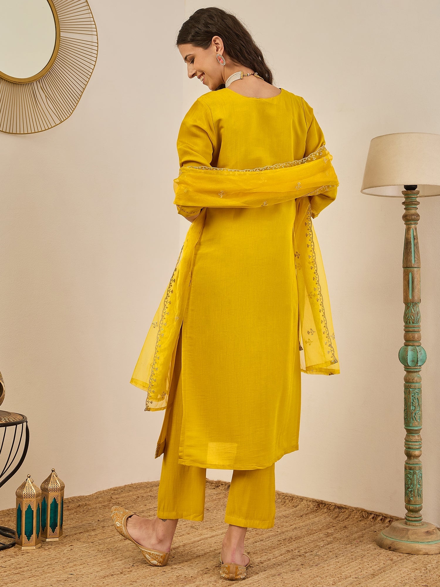 Vedhika Women's Embroidered Silk Blend Calf Length Straight Kurta Trouser with Dupatta Set - FitVibe Fashion