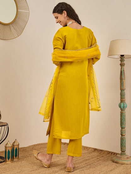 Vedhika Women's Embroidered Silk Blend Calf Length Straight Kurta Trouser with Dupatta Set - FitVibe Fashion