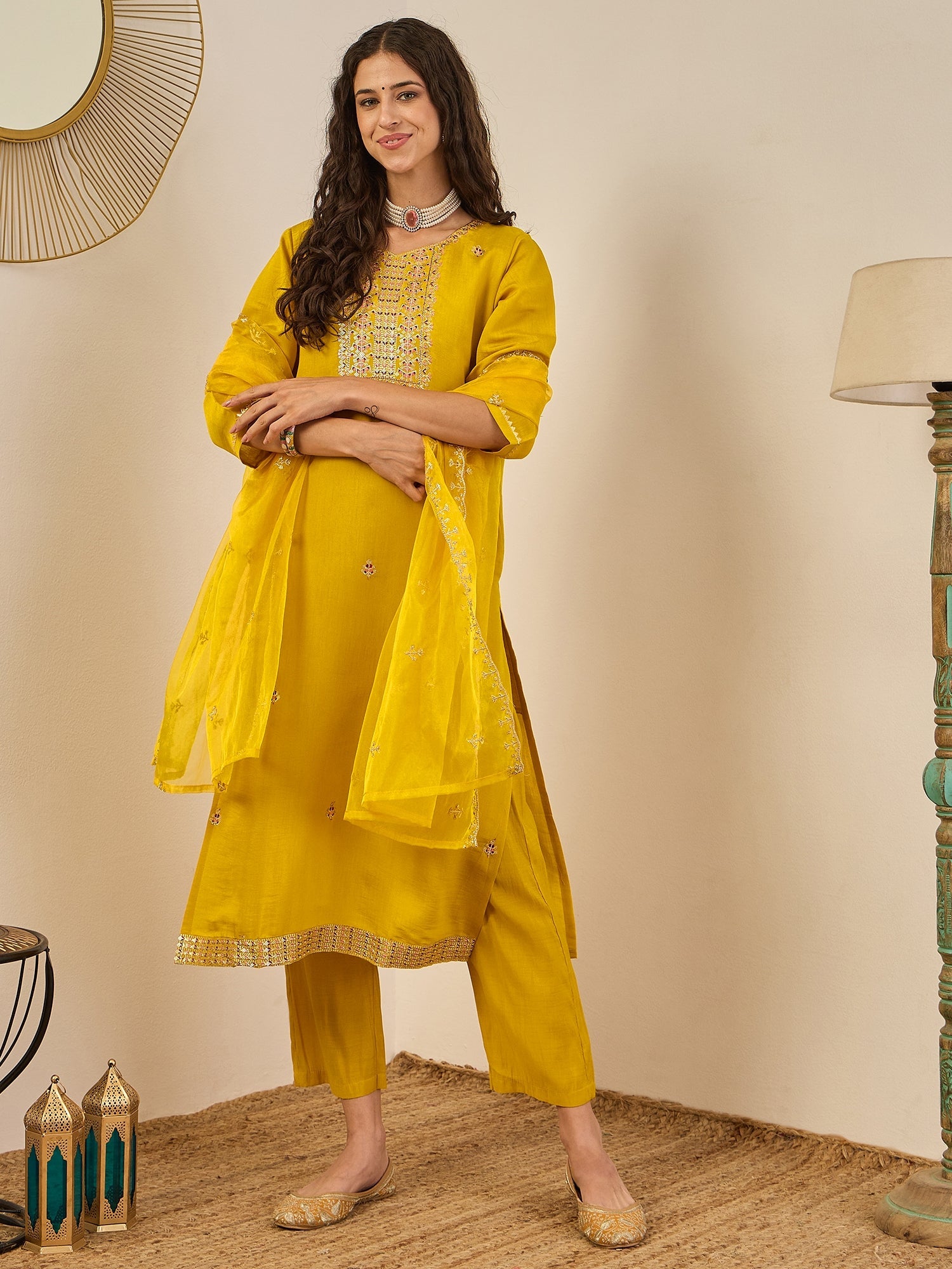 Vedhika Women's Embroidered Silk Blend Calf Length Straight Kurta Trouser with Dupatta Set - FitVibe Fashion