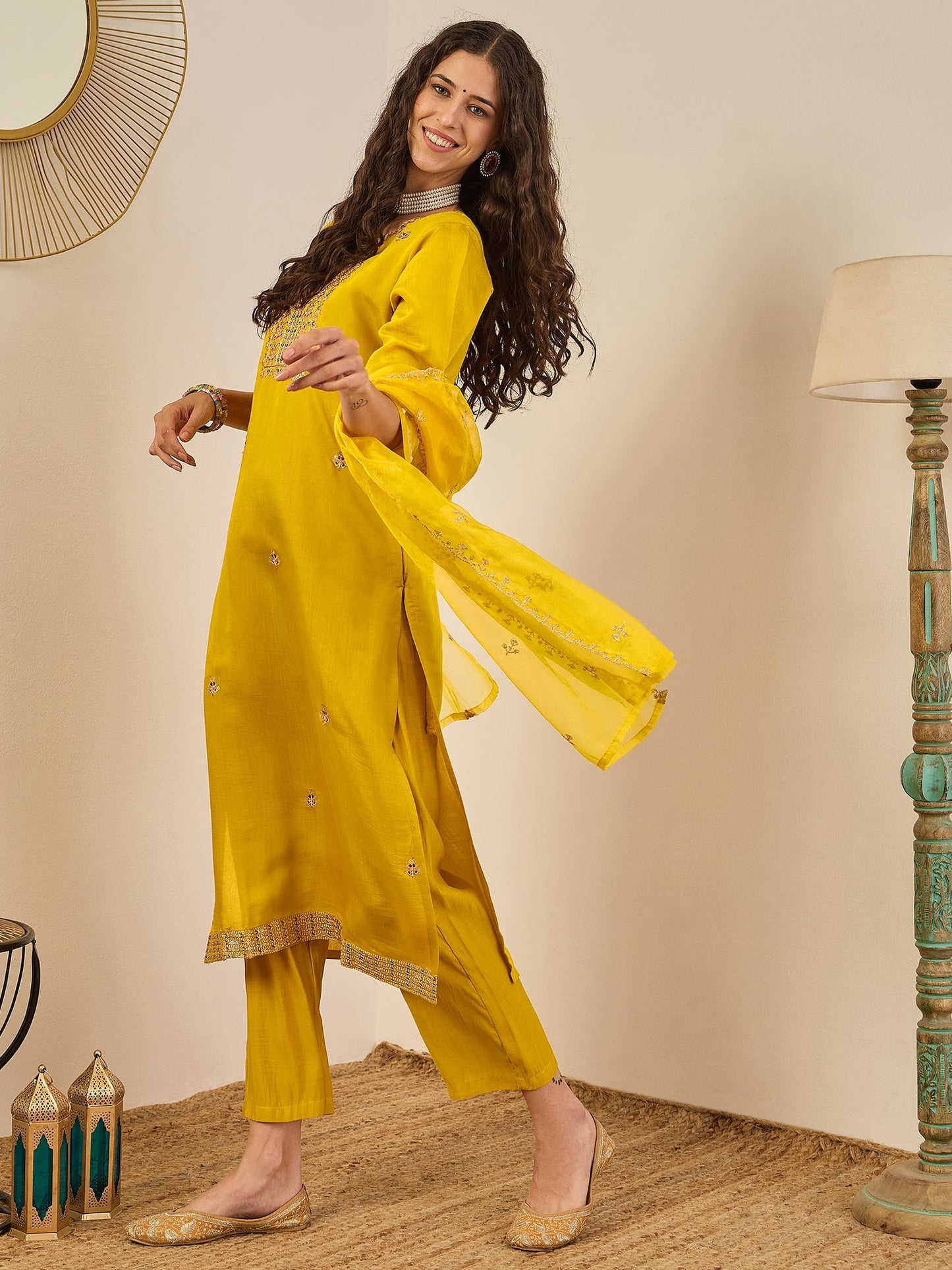 Vedhika Women's Embroidered Silk Blend Calf Length Straight Kurta Trouser with Dupatta Set - FitVibe Fashion