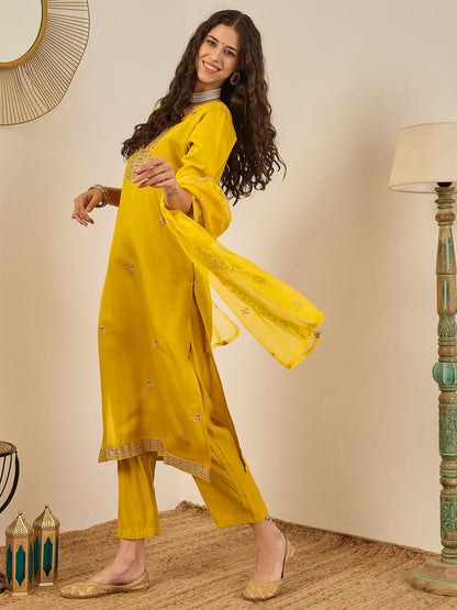 Vedhika Women's Embroidered Silk Blend Calf Length Straight Kurta Trouser with Dupatta Set - FitVibe Fashion