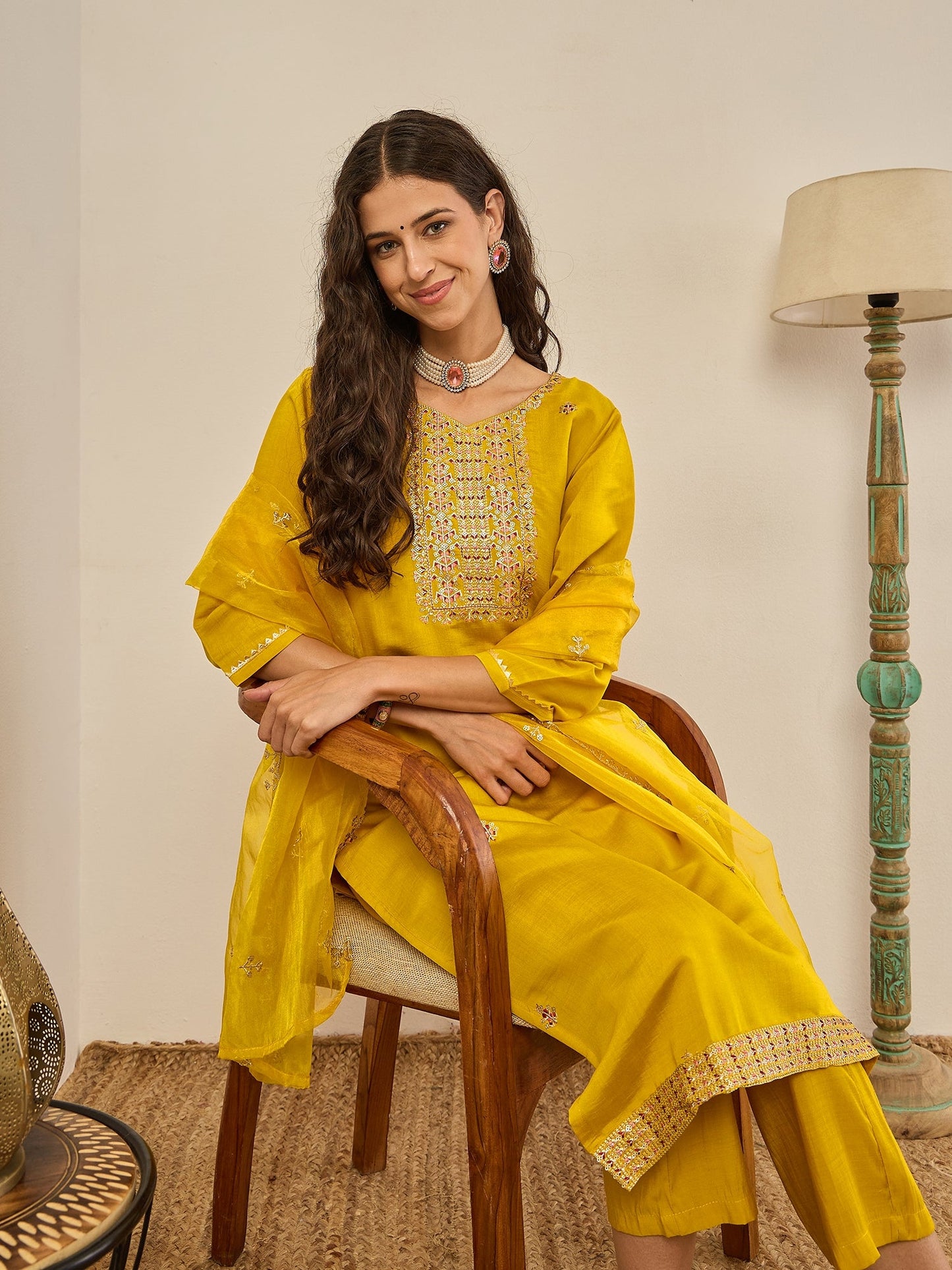 Vedhika Women's Embroidered Silk Blend Calf Length Straight Kurta Trouser with Dupatta Set - FitVibe Fashion