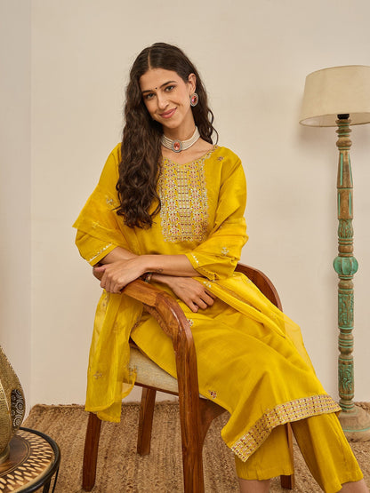 Vedhika Women's Embroidered Silk Blend Calf Length Straight Kurta Trouser with Dupatta Set - FitVibe Fashion