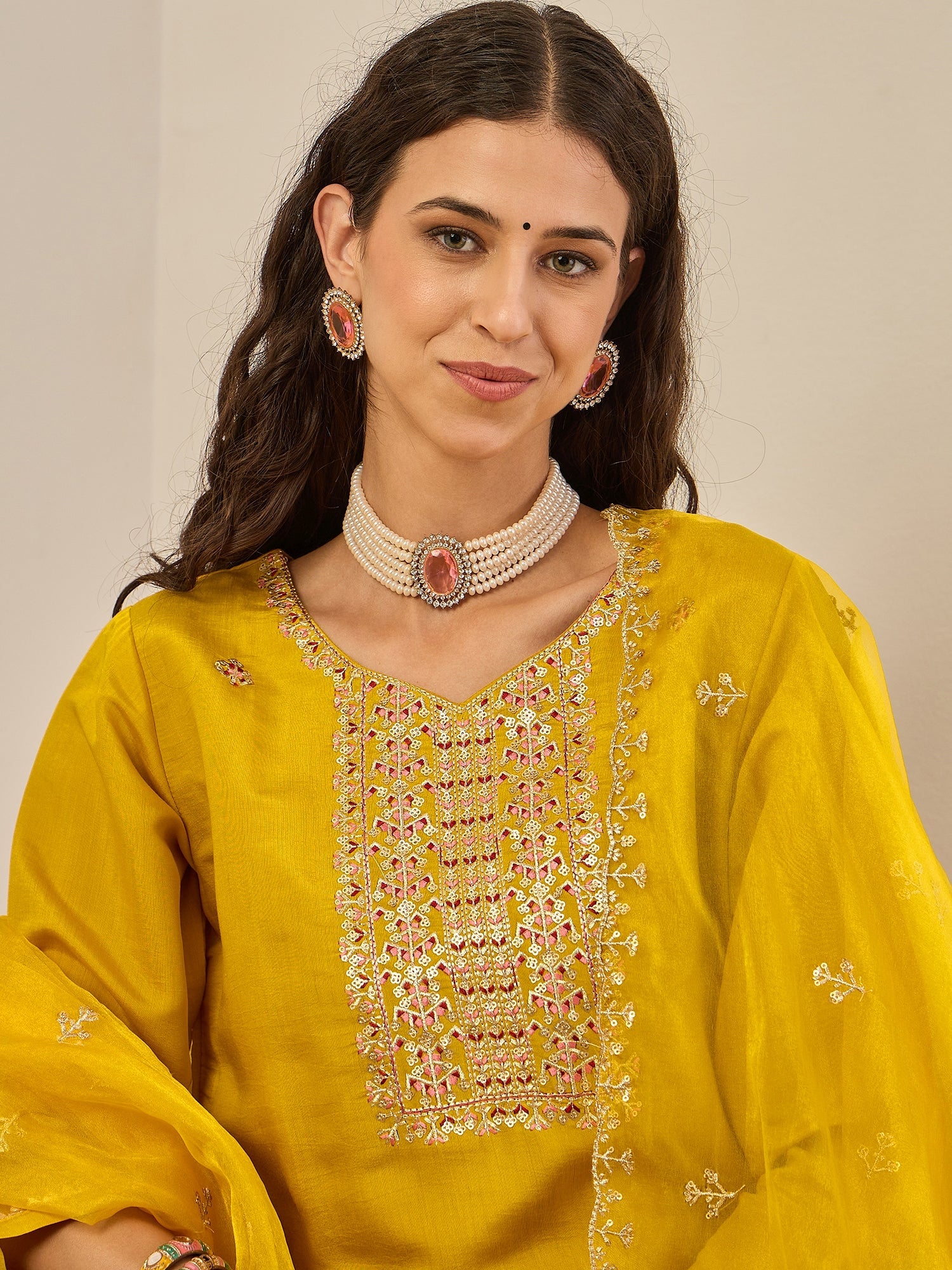 Vedhika Women's Embroidered Silk Blend Calf Length Straight Kurta Trouser with Dupatta Set - FitVibe Fashion