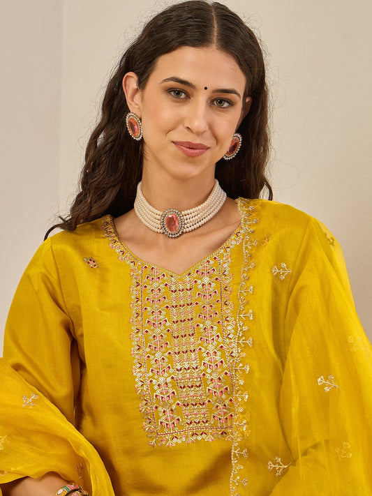 Vedhika Women's Embroidered Silk Blend Calf Length Straight Kurta Trouser with Dupatta Set - FitVibe Fashion