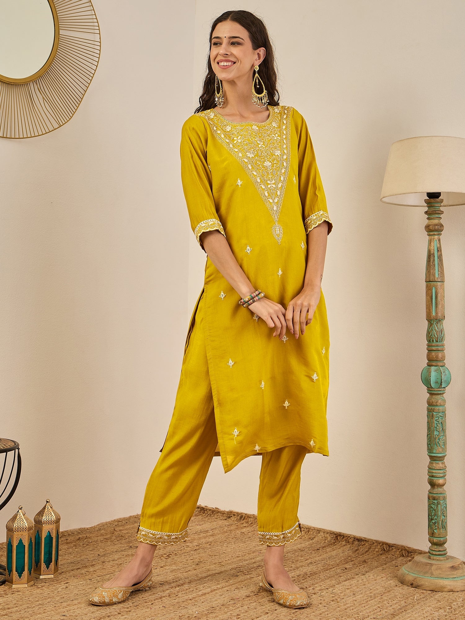 Roobee Lemon Embroidered Silk Blend Straight Suit With Dupatta - FitVibe Fashion