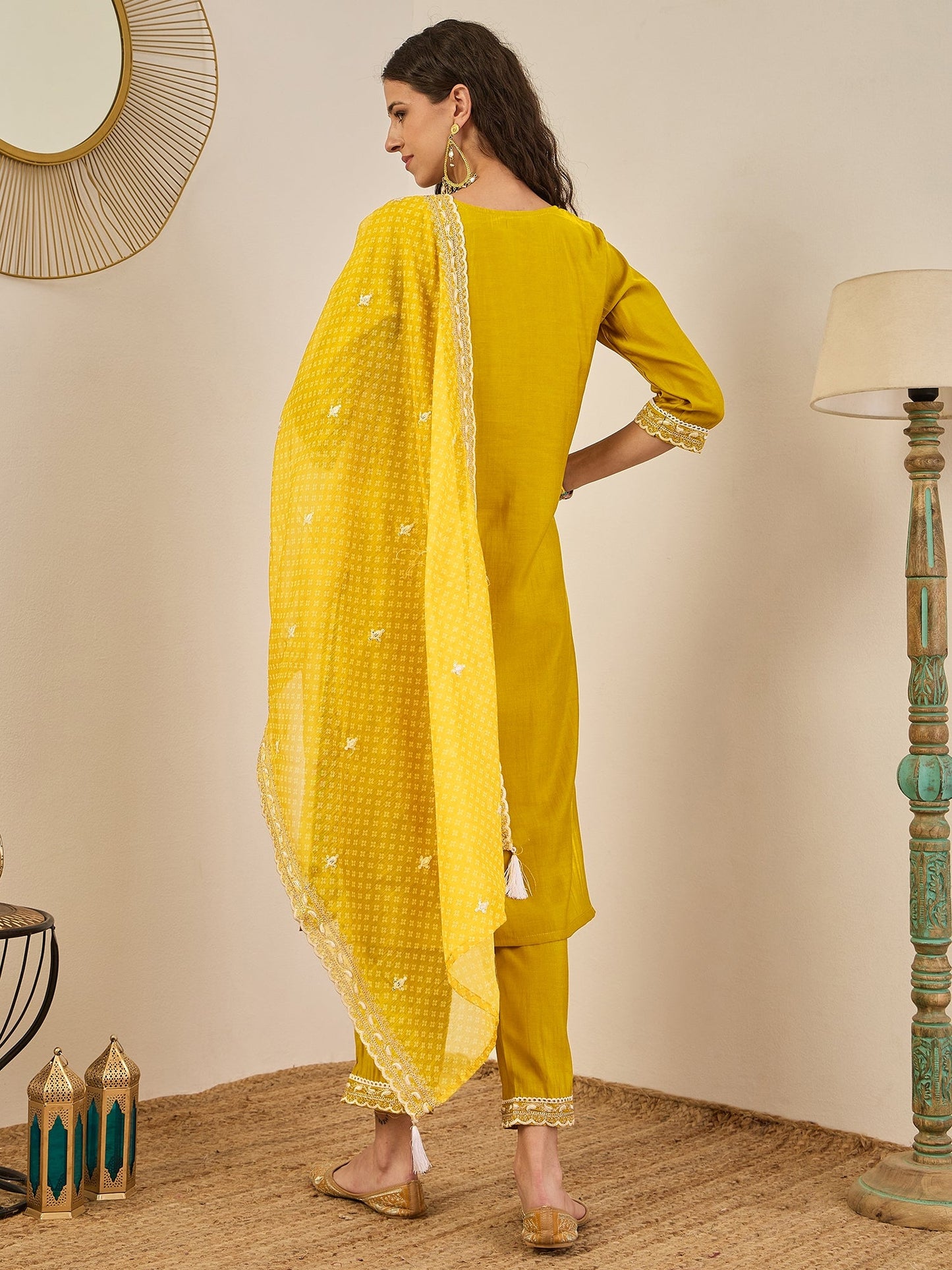 Roobee Lemon Embroidered Silk Blend Straight Suit With Dupatta - FitVibe Fashion