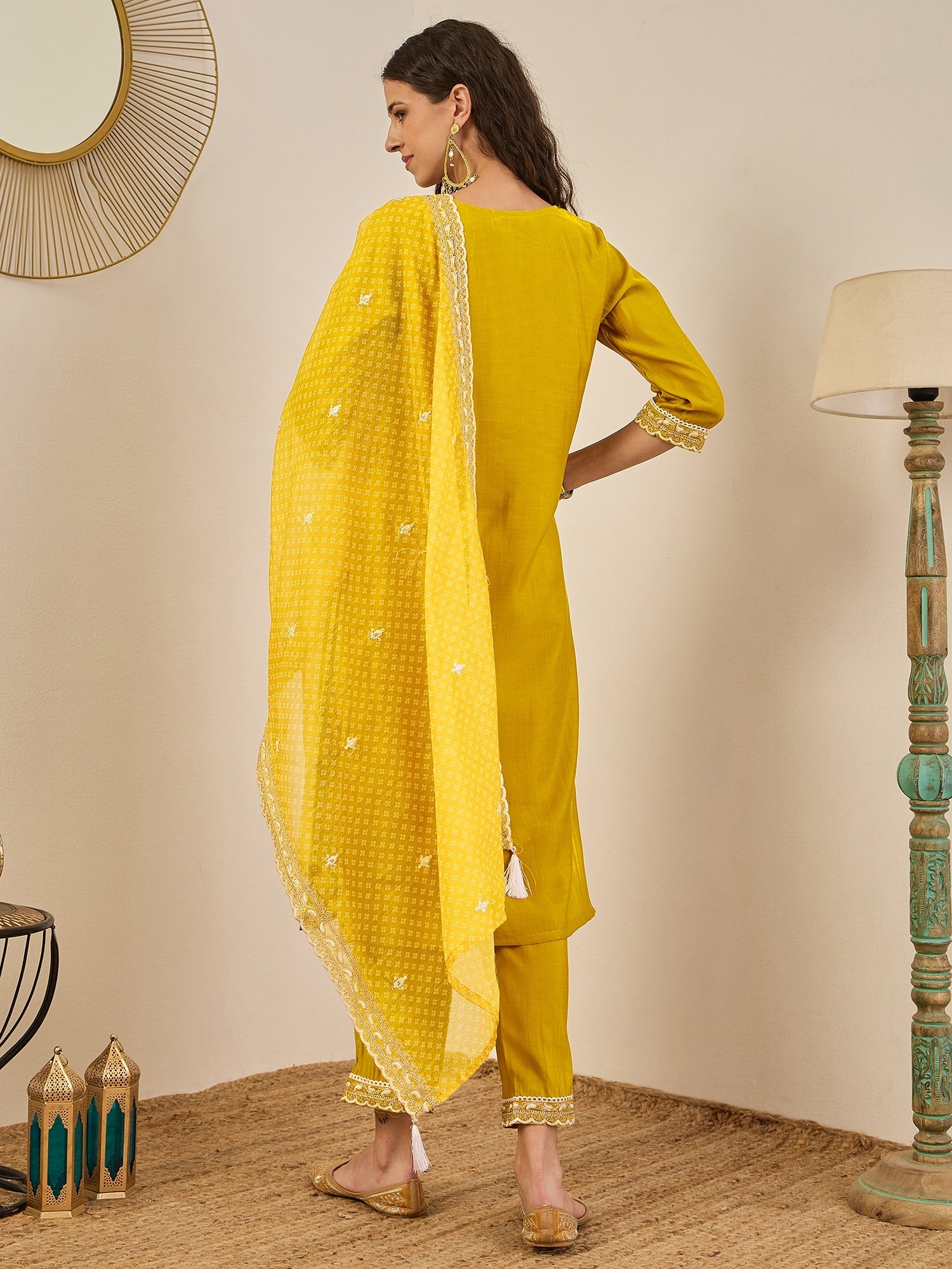 Roobee Lemon Embroidered Silk Blend Straight Suit With Dupatta - FitVibe Fashion