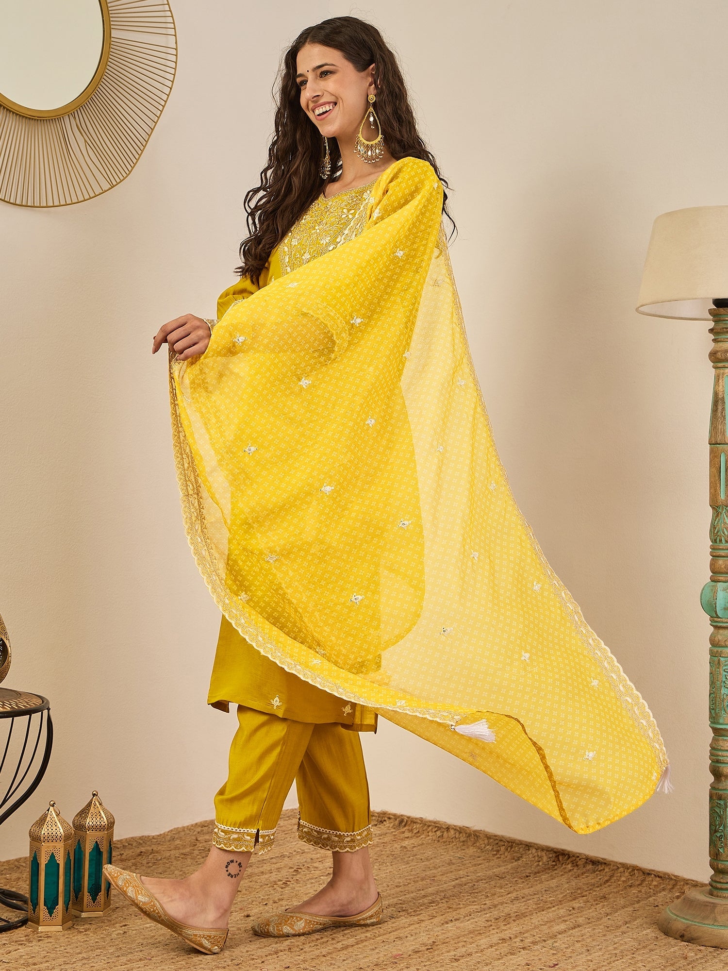 Roobee Lemon Embroidered Silk Blend Straight Suit With Dupatta - FitVibe Fashion