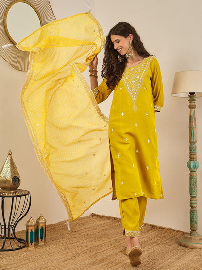 Roobee Lemon Embroidered Silk Blend Straight Suit With Dupatta - FitVibe Fashion